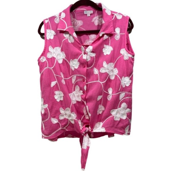 CABANA CAY Women's Embroidered Floral Sleeveless Top Tank Tie Waist Pink Size L - Picture 1 of 11